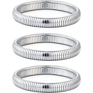 Silver Bangle Set 3 Chunky Stretch 24K 11mm Plated Stainless Steel Wide Stack